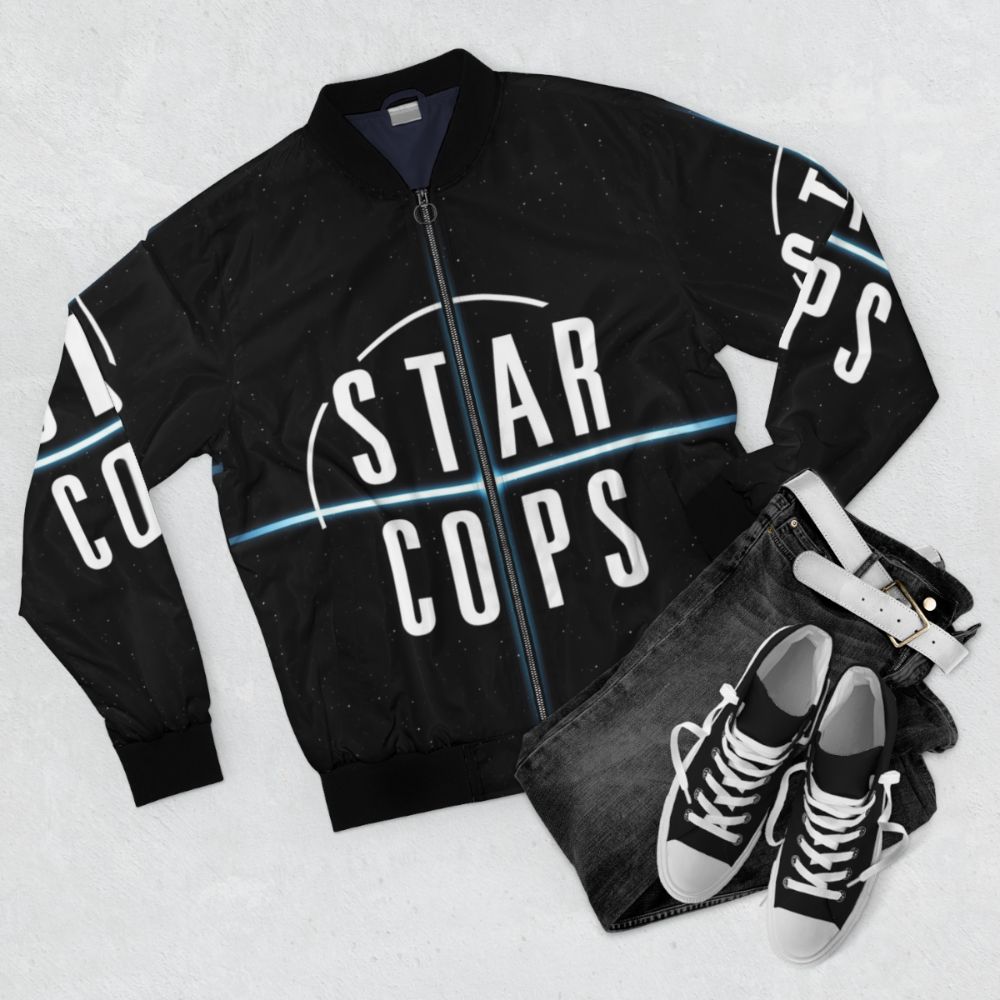 Star Cops sci-fi themed bomber jacket with logo - Flat lay