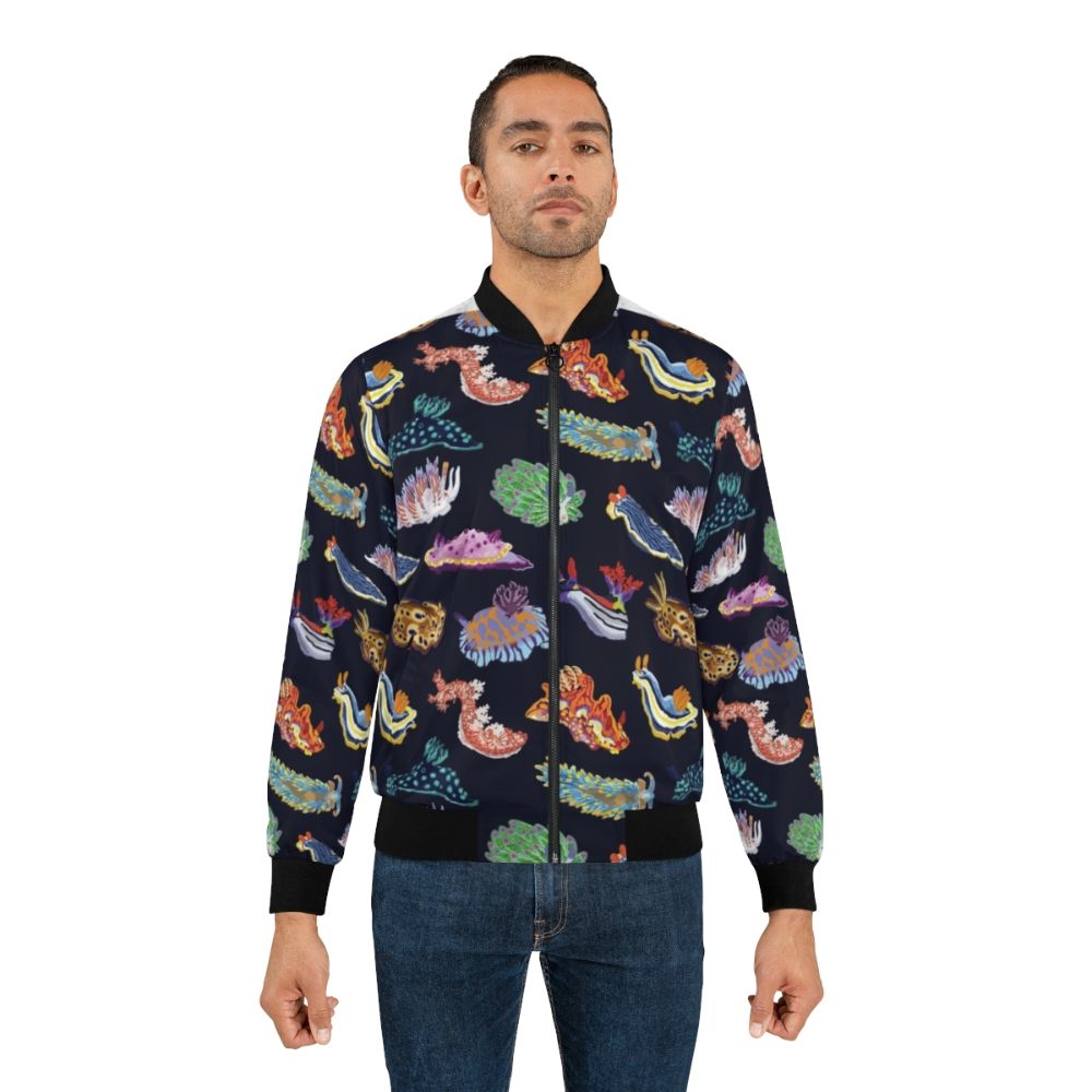 Colorful nudibranch sea slug printed on a bomber jacket, great for marine biology enthusiasts. - Lifestyle