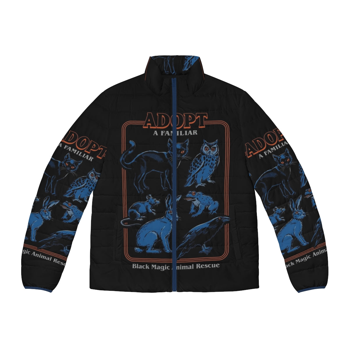 Vintage puffer jacket with a witchcraft and horror-inspired design featuring various animal familiars