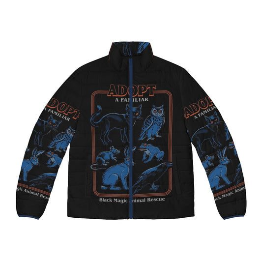 Vintage puffer jacket with a witchcraft and horror-inspired design featuring various animal familiars