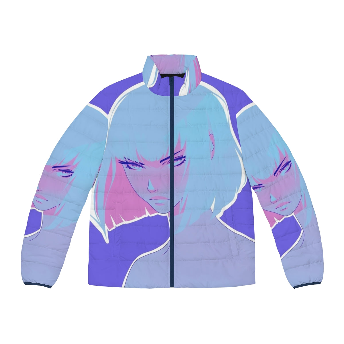 Colorful winter puffer jacket with a modern, anime-inspired design