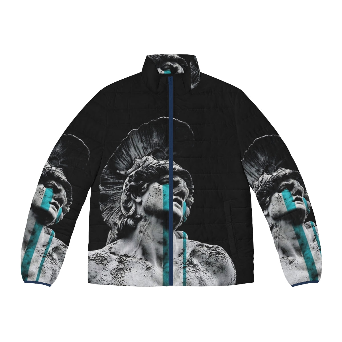 A puffer jacket featuring a digital art collage of a crying ancient Greek soldier in a surreal, black and white setting