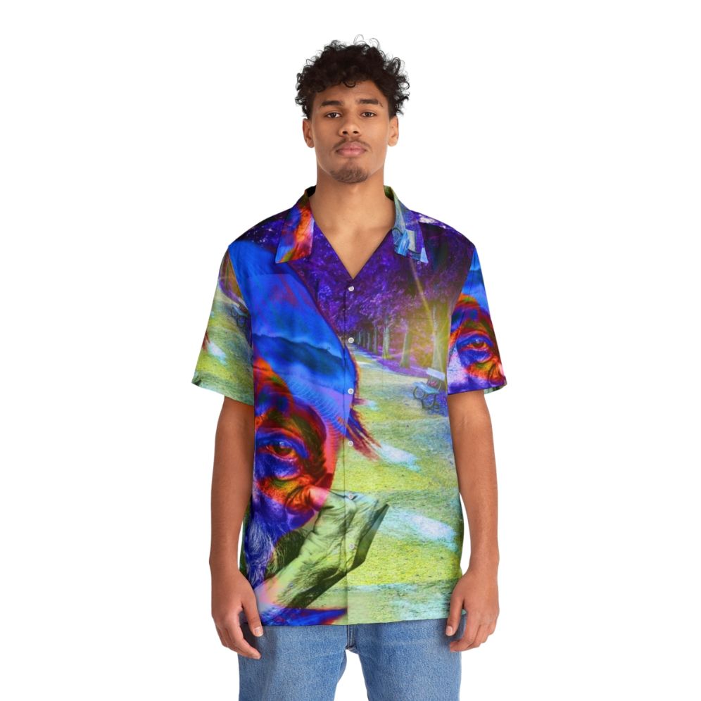 Vibrant Hawaiian shirt with a colorful tropical pattern designed to raise awareness for homelessness - People Front