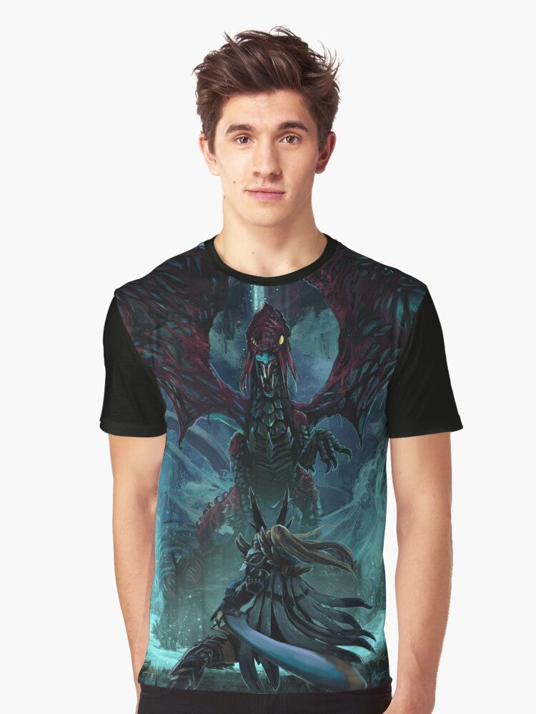 Monster Hunter Vaal Hazak Graphic T-Shirt featuring the deadly Vaal Hazak creature from the Rotten Vale - Men