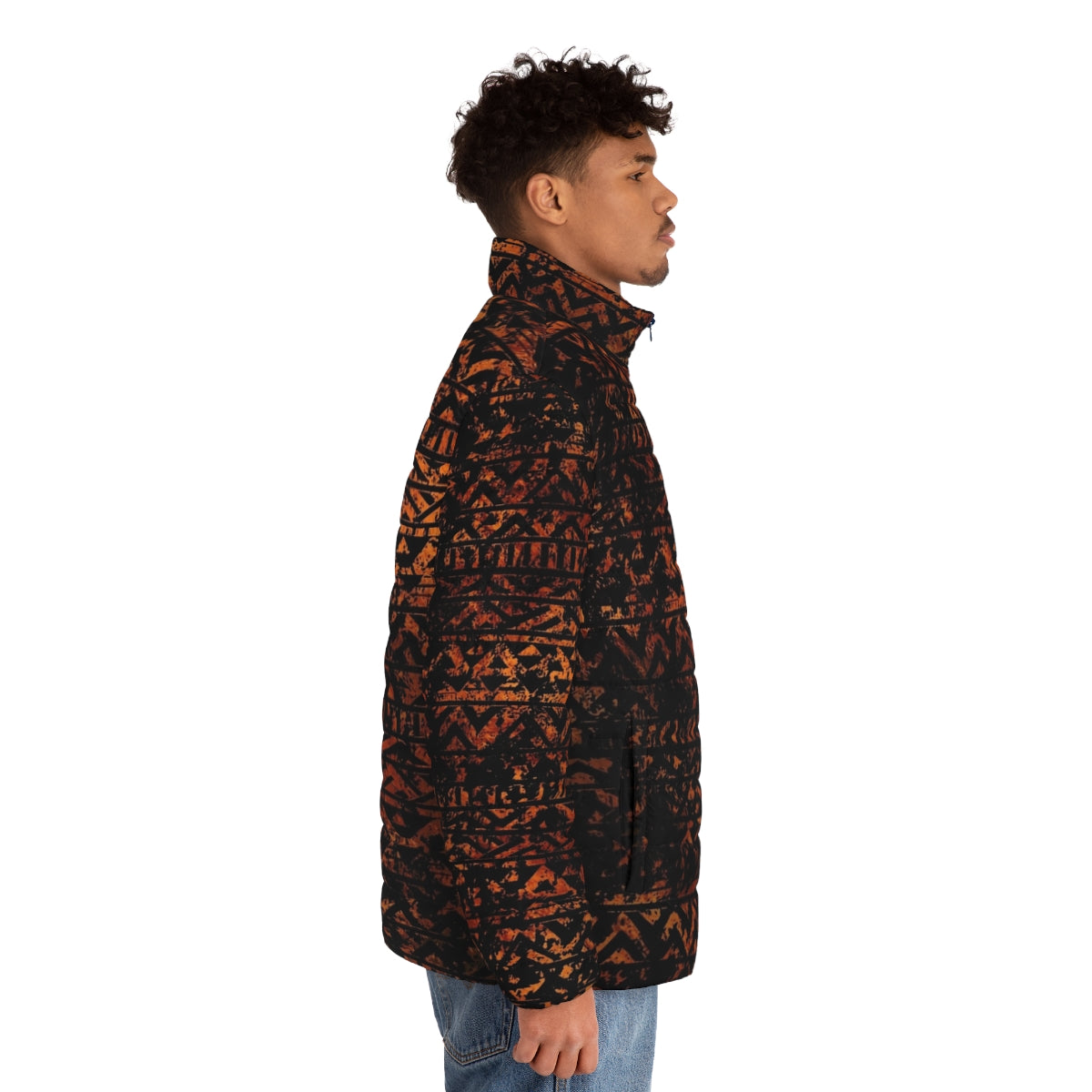 Ethnic tribal puffer jacket with bronze metallic grunge pattern - men side right