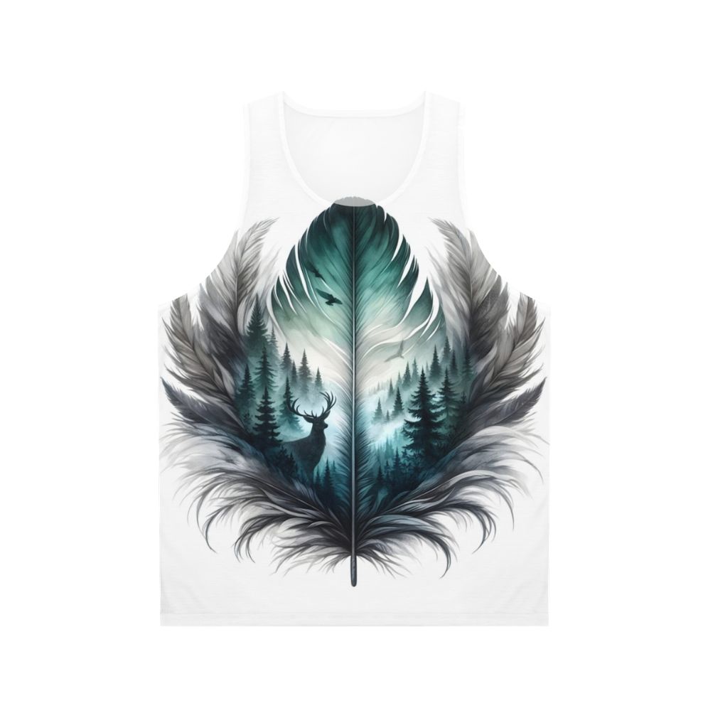 Unisex forest feather tank top with nature inspired design