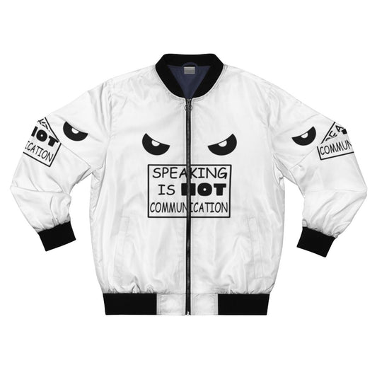 Anime-style bomber jacket with "Speaking is NOT Communication" text