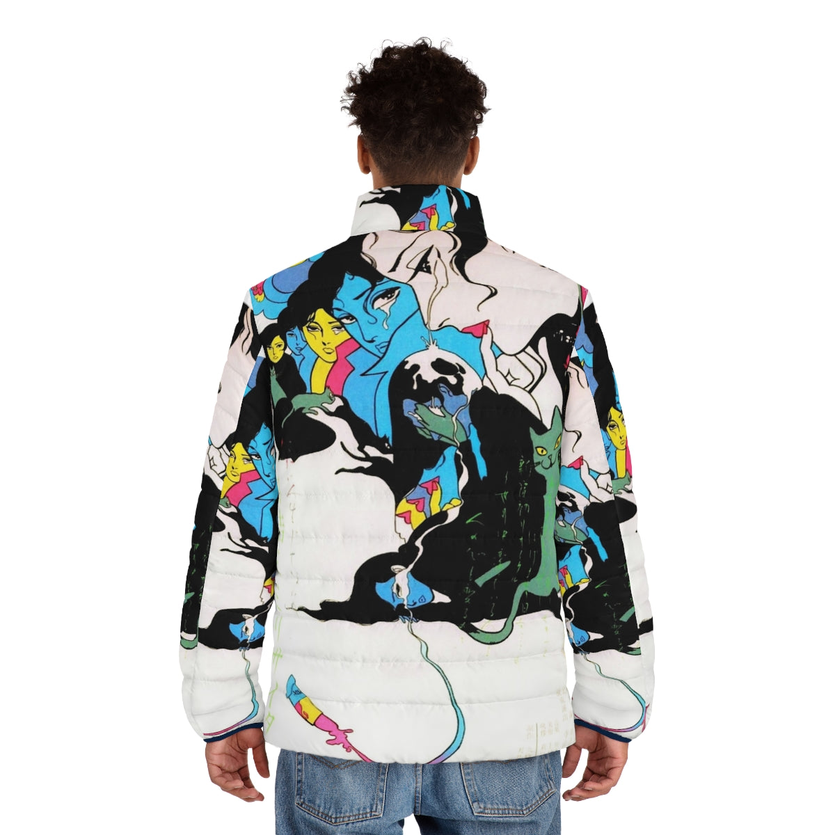 Vintage Kanashimi Puffer Jacket with colorful manga-inspired design featuring a crying cat and teardrop motif - men back