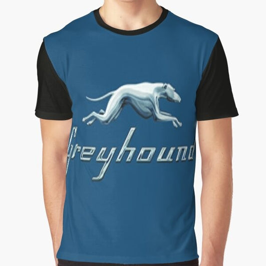 Greyhound blue bus logo printed on a graphic t-shirt