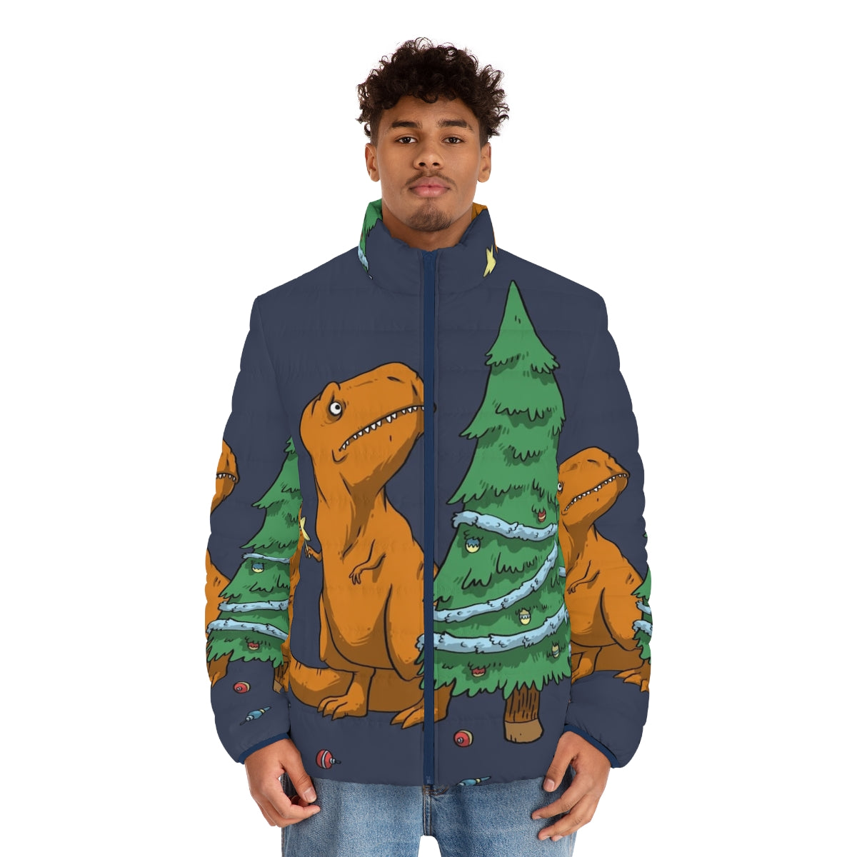 A funny puffer jacket with a t-rex design, perfect for kids during the holiday season. - men front