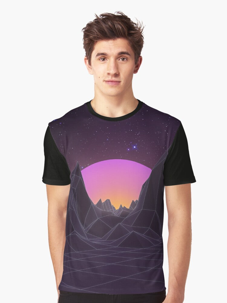 Retro vaporwave 80s graphic t-shirt with aesthetic design of futuristic sunset, waves, and geometric patterns - Men