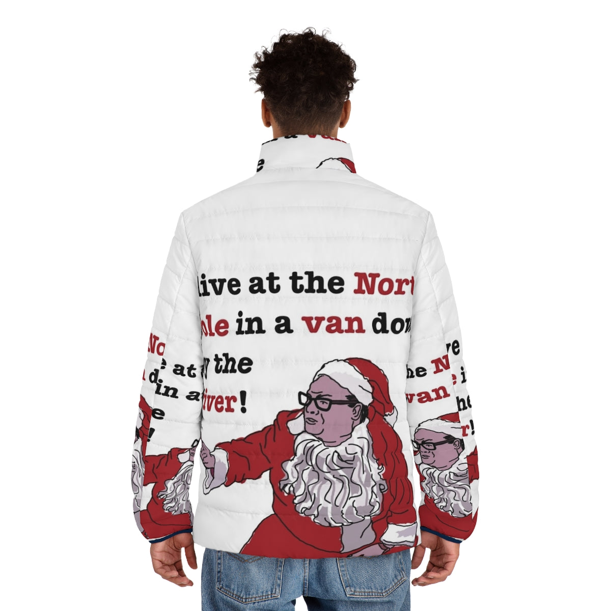 Matt Foley wearing a puffer jacket standing in front of a Christmas scene - men back