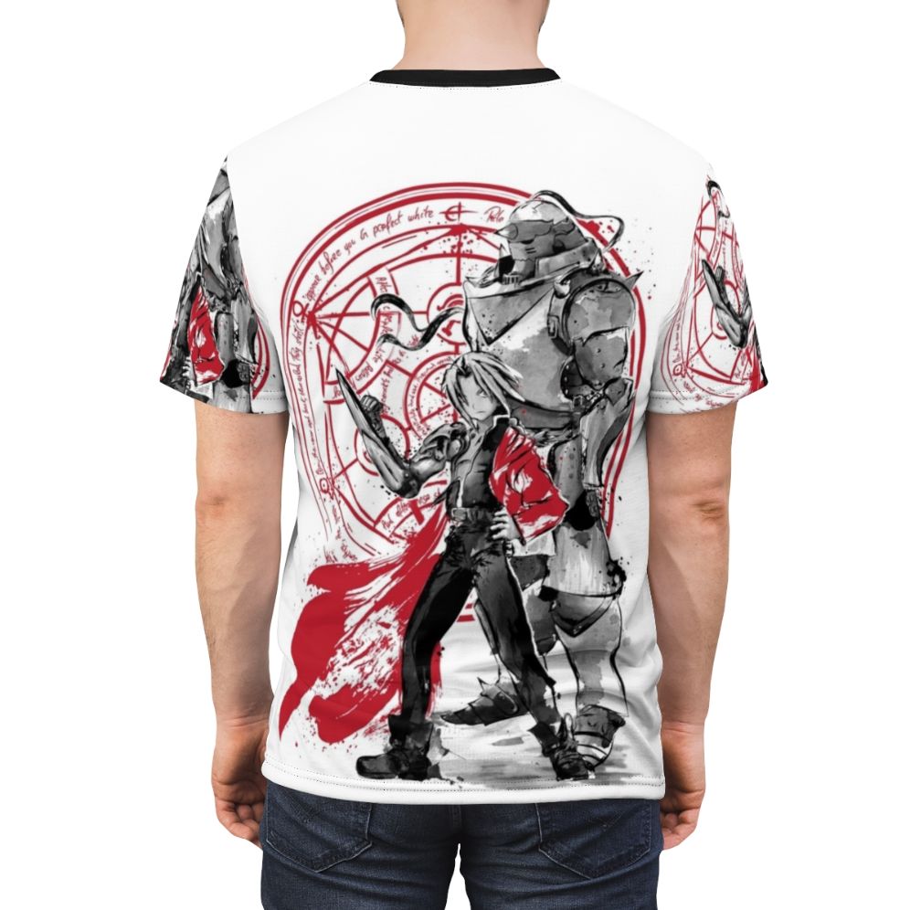 Anime-inspired Sumi-E art t-shirt featuring elements from the popular manga and anime series, Fullmetal Alchemist Brotherhood. - men back