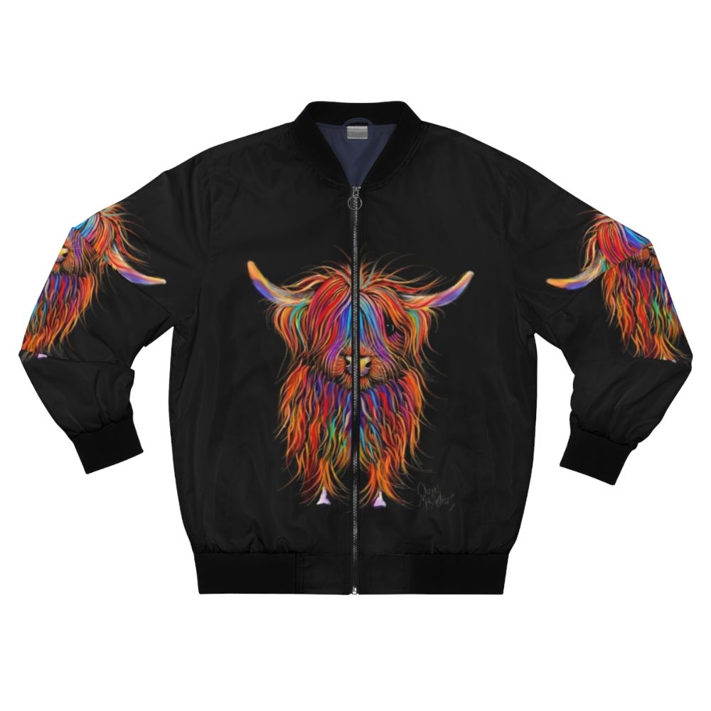 Bomber jacket featuring a highland cow illustration with the text 'Pumphrey' by Shirley MacArthur