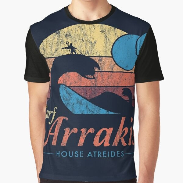 Vintage distressed Dune sci-fi graphic t-shirt featuring Arrakis, sandworm, and spice