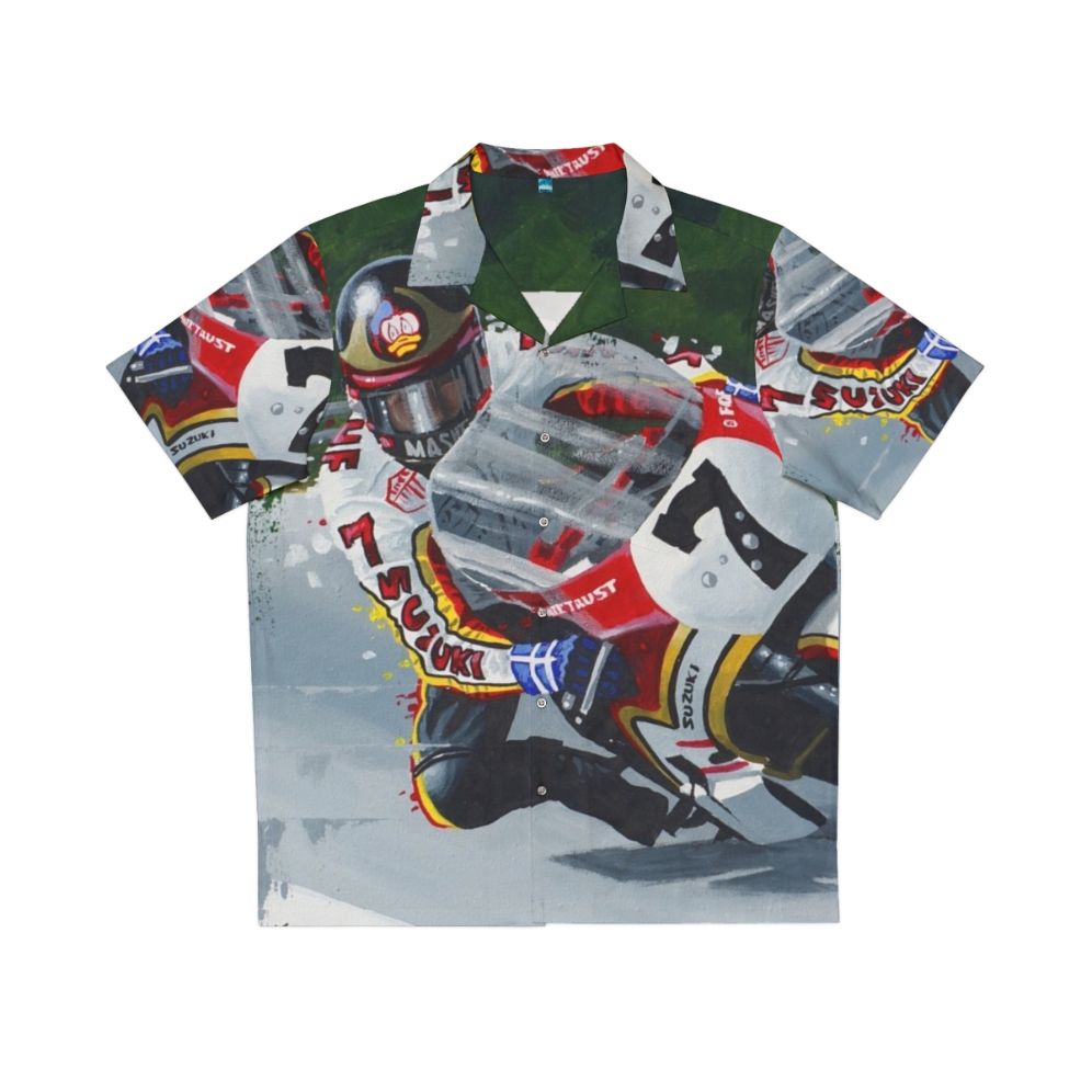 Barry Sheene Inspired Hawaiian Shirt featuring Retro MotoGP Motorsports Apparel Design