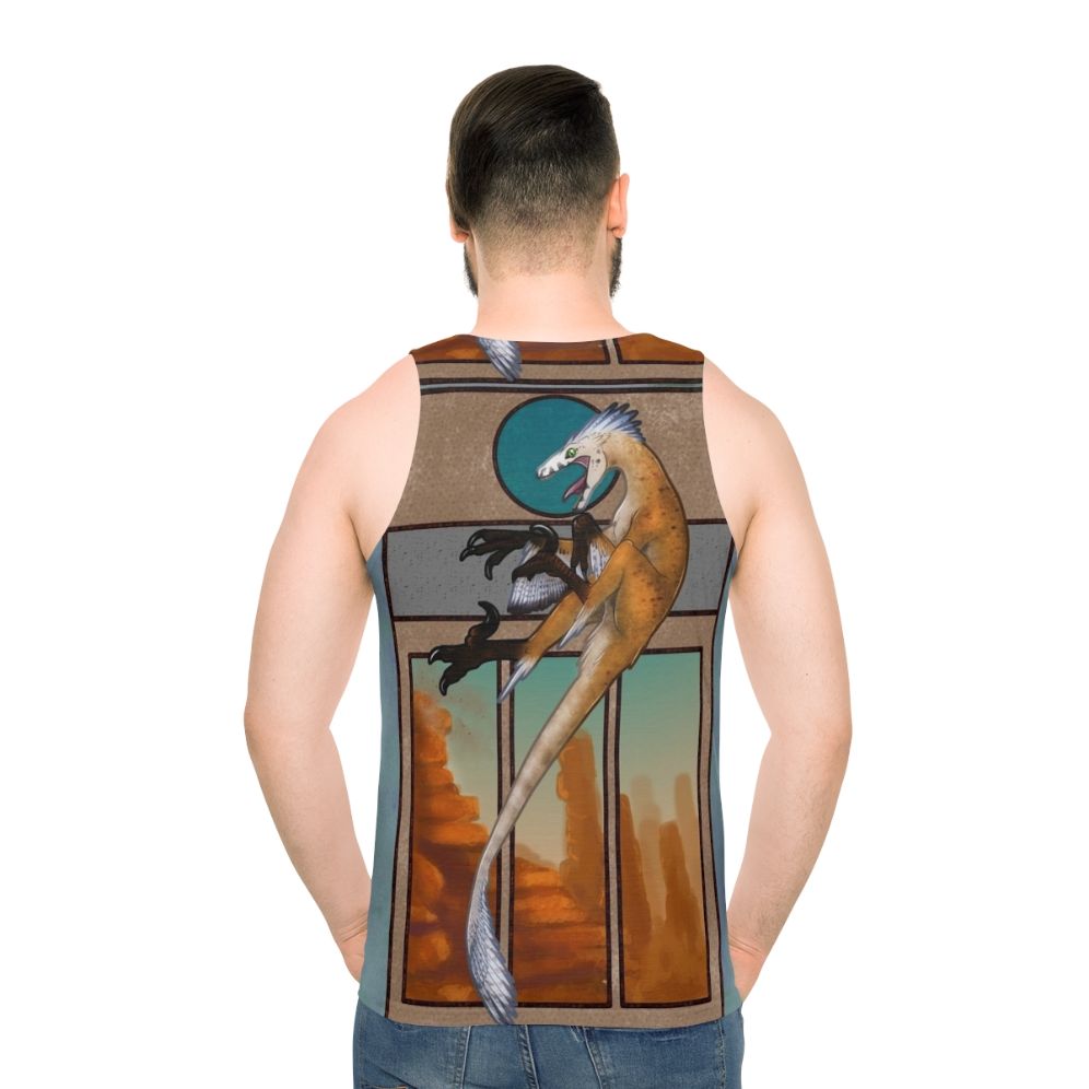 Feathered velociraptor dinosaur unisex tank top - men back