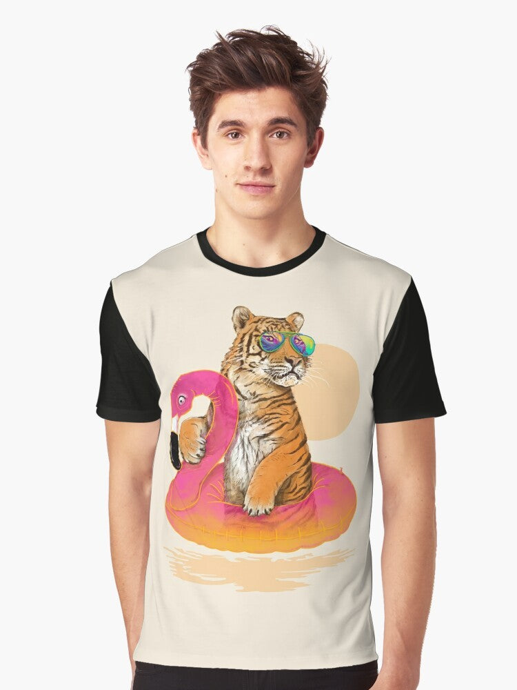 Colorful graphic t-shirt featuring a tiger and flamingo in a tropical, summery design - Men