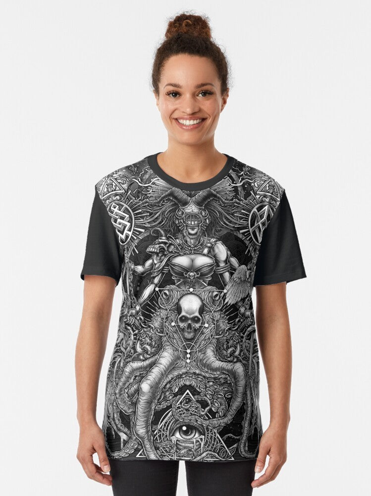 A striking black and white graphic tee featuring a surreal octopus skull design with occult and fantasy elements. - Women