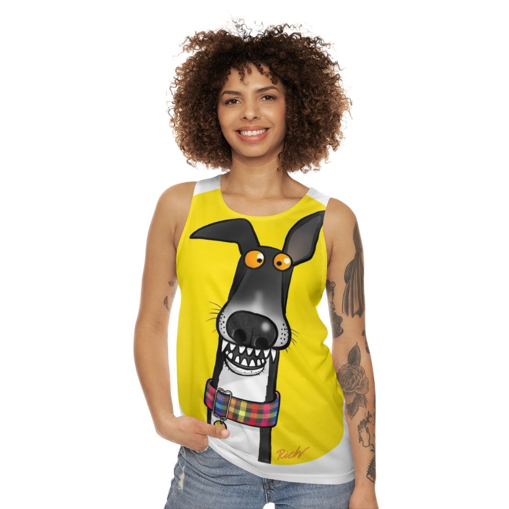 Unisex cartoon tank top featuring greyhound design - women