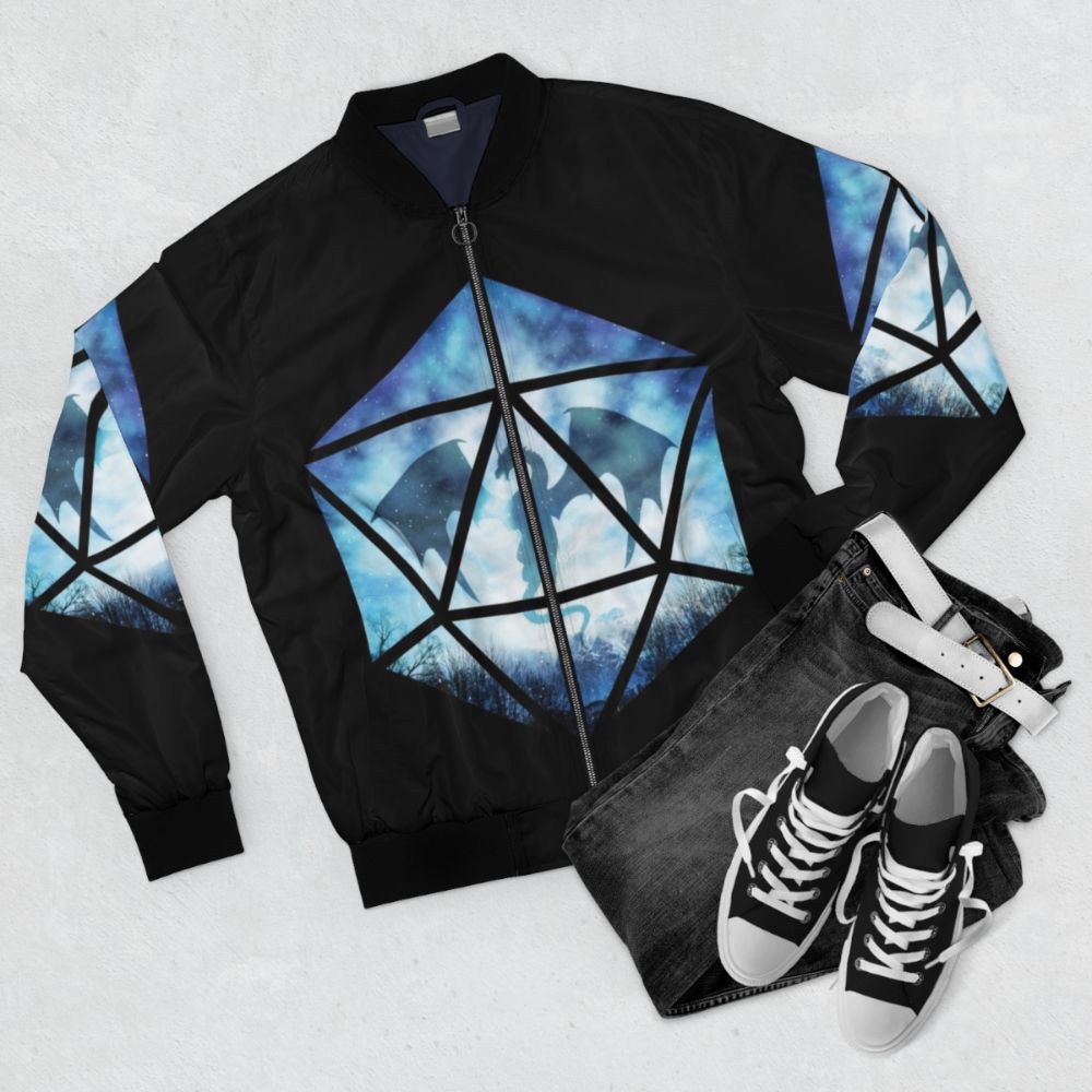 An ice dragon D20 bomber jacket with a blue and white design - Flat lay