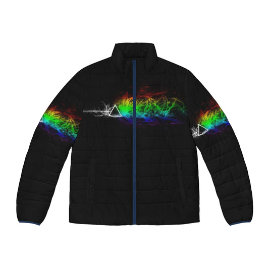 Pink Floyd 'The Dark Side of the Moon' Puffer Jacket with a colorful, rainbow-like design