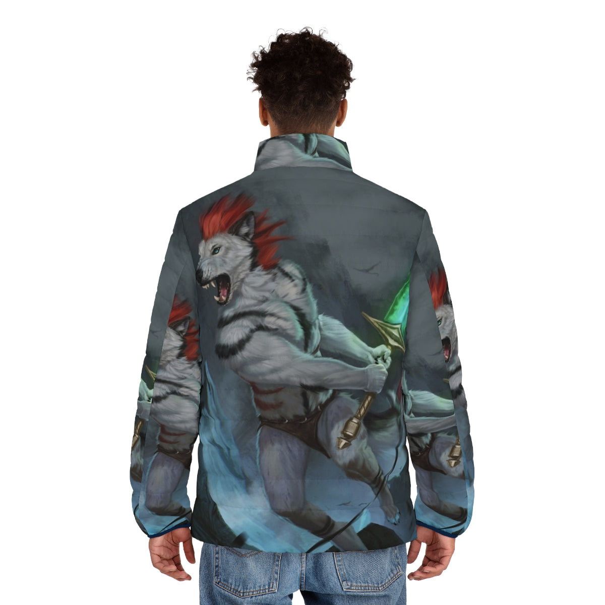 Furry male anthro wolf wearing a puffer jacket in a fantasy digital art painting - men back