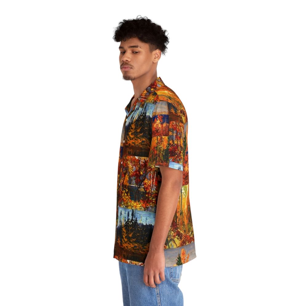 Vibrant autumn leaves and trees on a Hawaiian shirt inspired by the Group of Seven's nature paintings - People Left