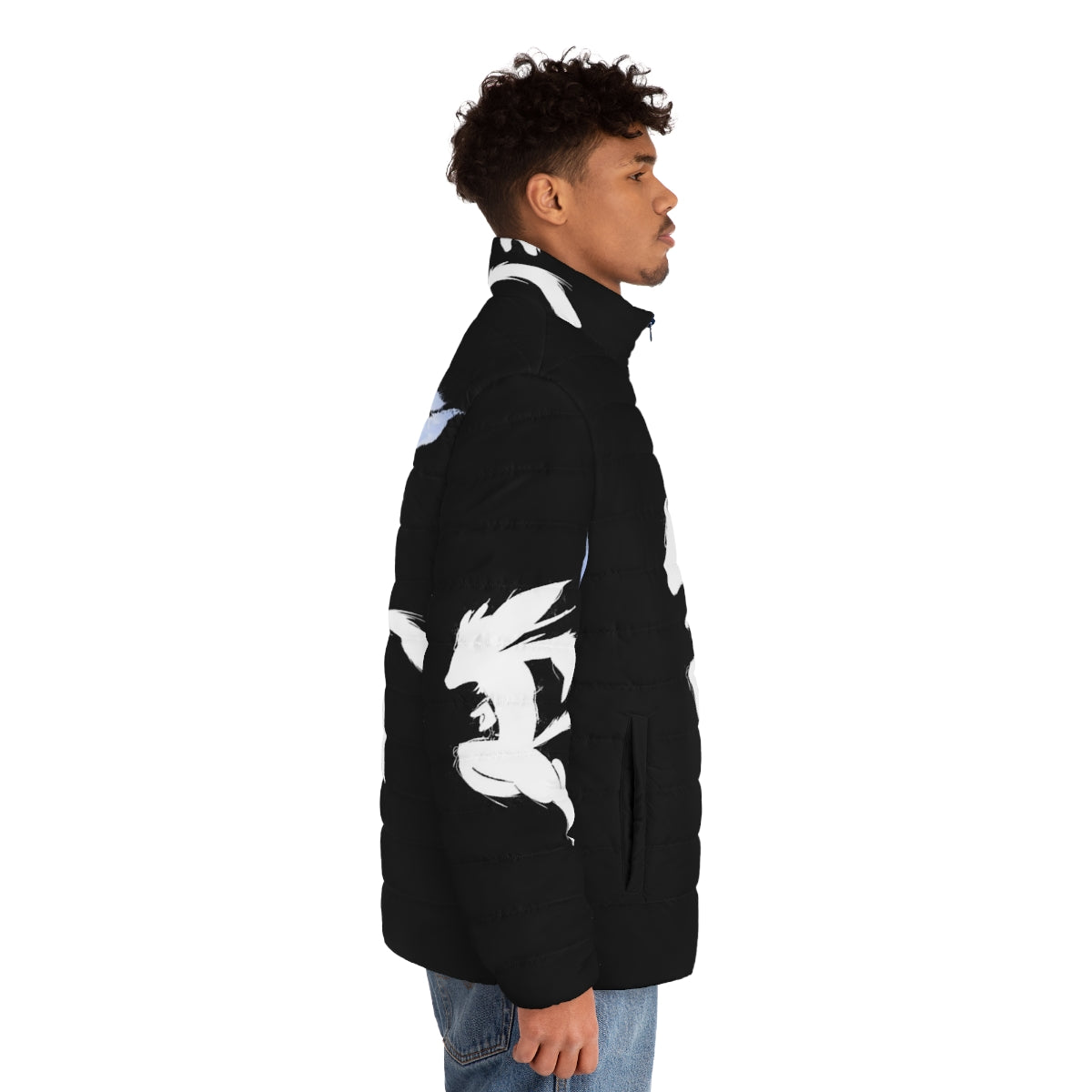 Ori and the Blind Forest inspired puffer jacket with watercolor forest design - men side right