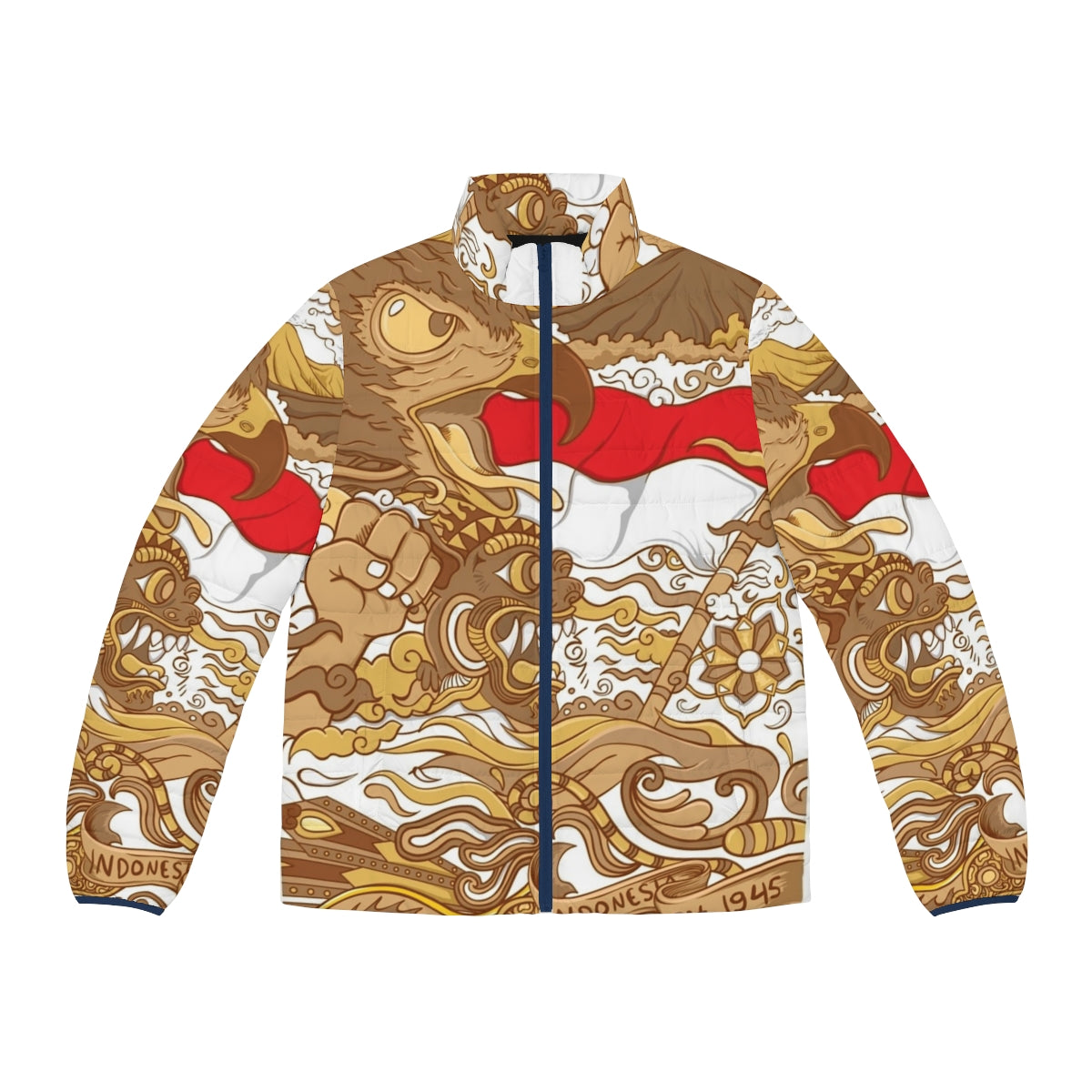 Indonesia puffer jacket featuring Garuda eagle and batik patterns