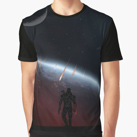 Mass Effect Warriors Landscapes Graphic T-Shirt featuring Commander Shepard and the Normandy spaceship