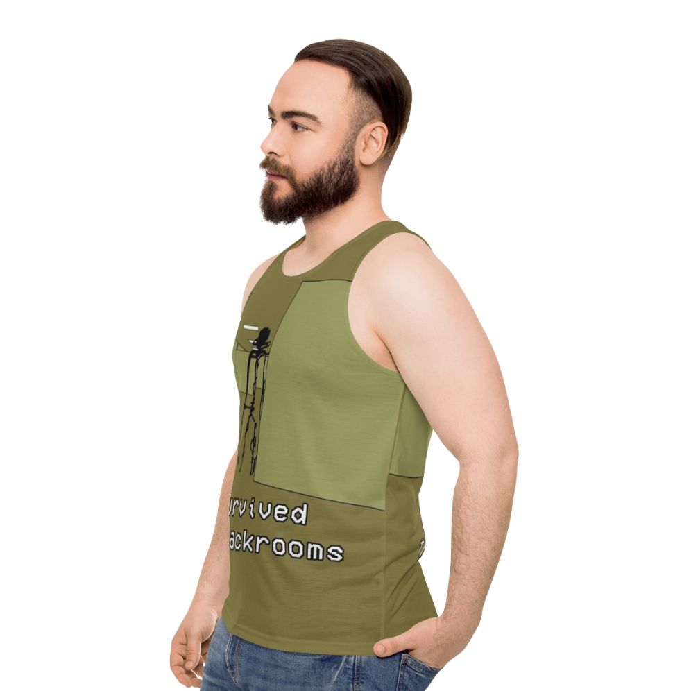 Backrooms inspired unisex tank top featuring creepy liminal space horror design - men side