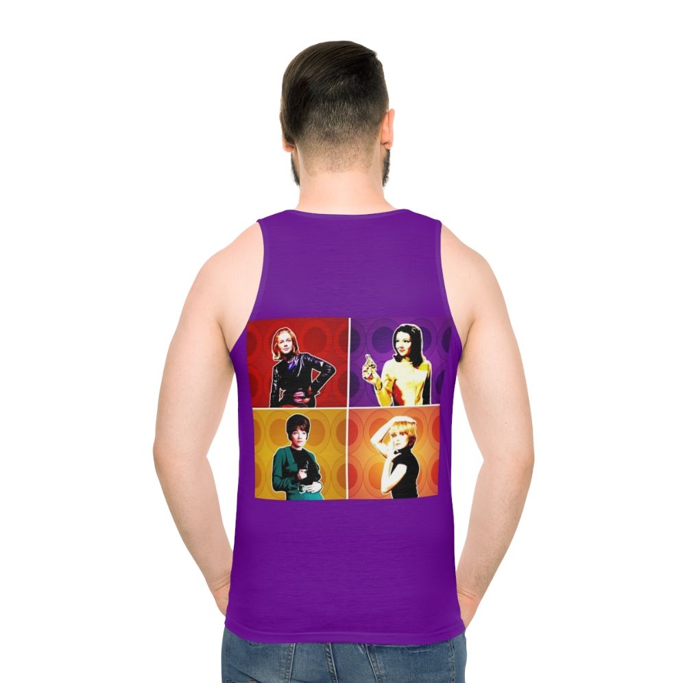 Unisex tank top featuring pop art designs of classic TV heroines - men back