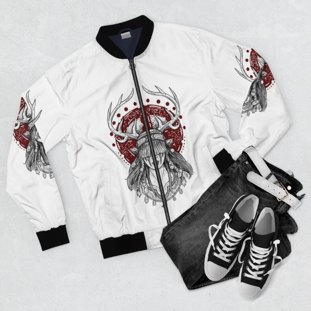 Heilung Celtic Shaman Bomber Jacket with horned shaman and celtic symbols - Flat lay