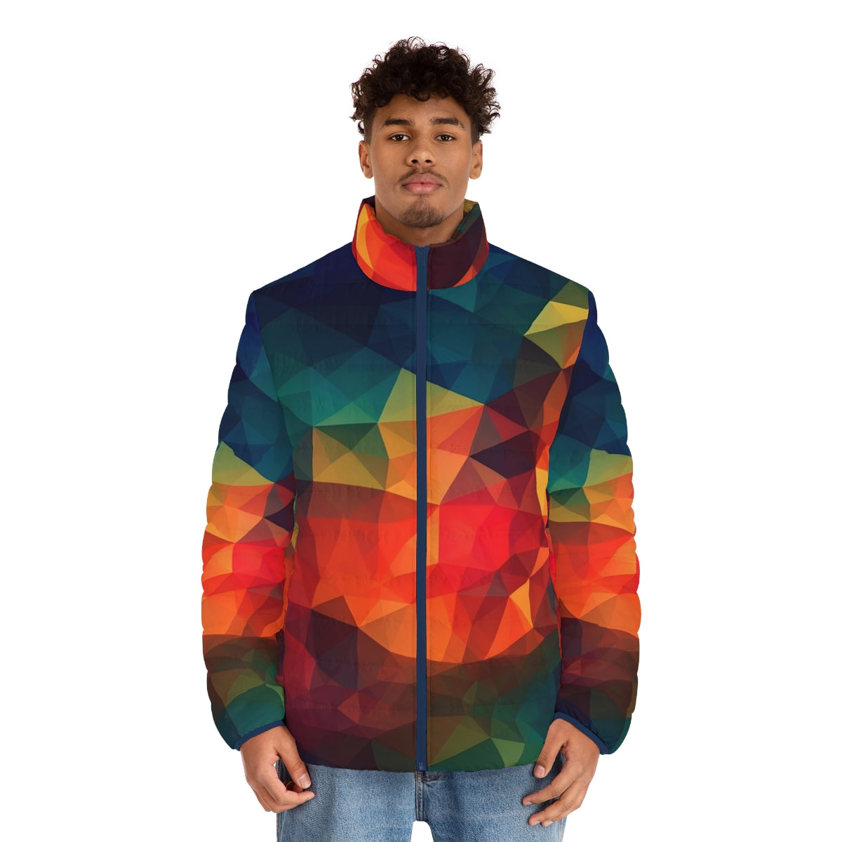 Polygon Prism Puffer Jacket with vibrant geometric patterns and realistic color depictions - men front