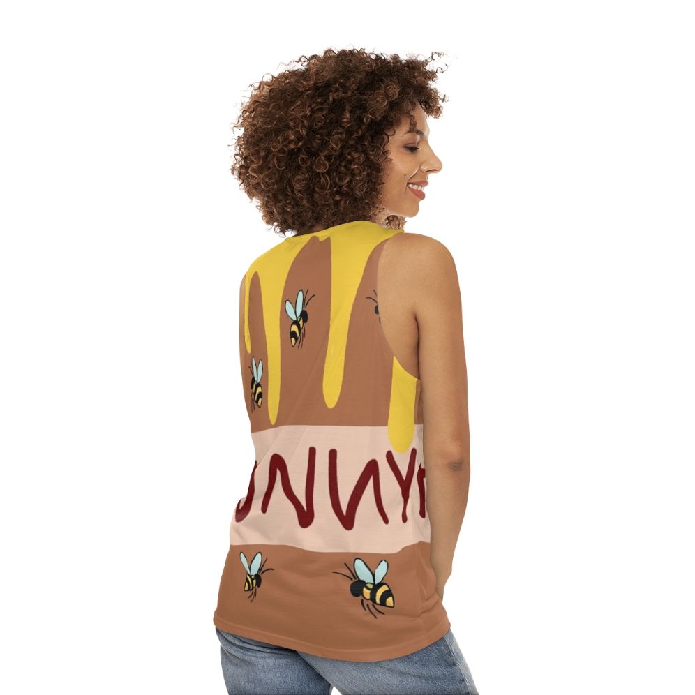 Honey-themed unisex tank top with cute cartoon graphic - women back