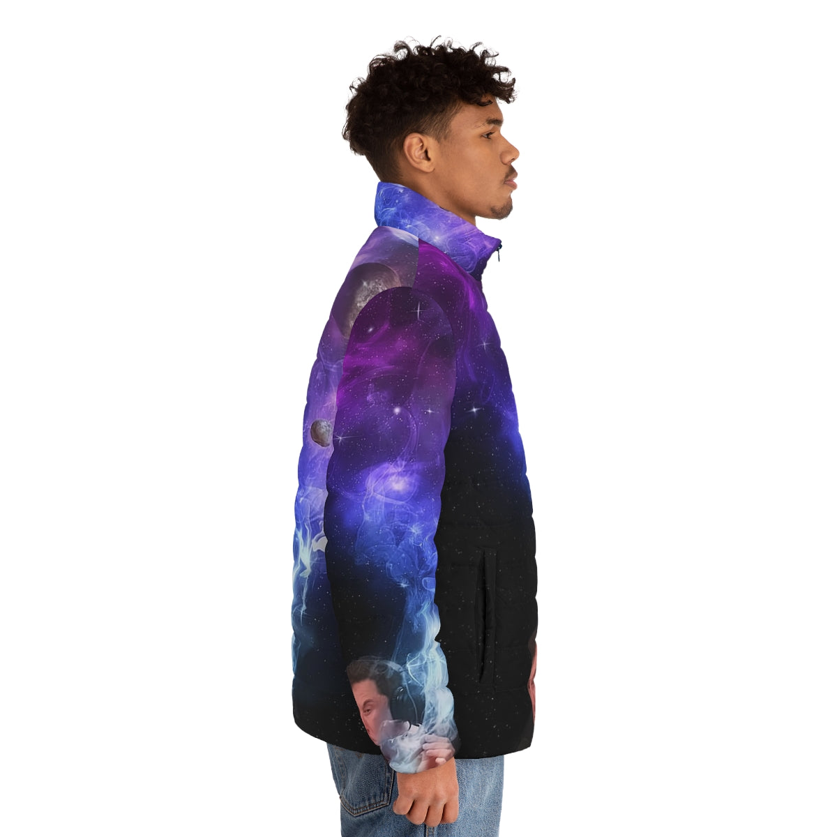 Elon Musk Puffer Jacket with a cosmic, space-themed design featuring smoking and the universe - men side right