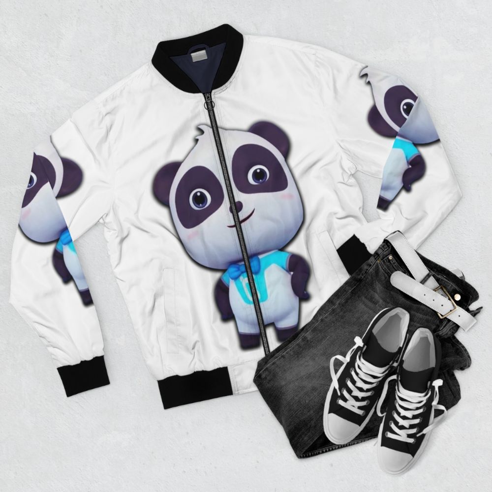 Kiki Panda, a popular cartoon character from BabyBus, wearing a bomber jacket for kids - Flat lay