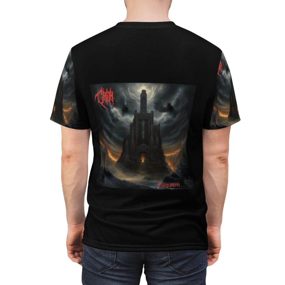 Crushing heavy metal-inspired t-shirt design featuring a "Crob Requiem" album cover motif - men back