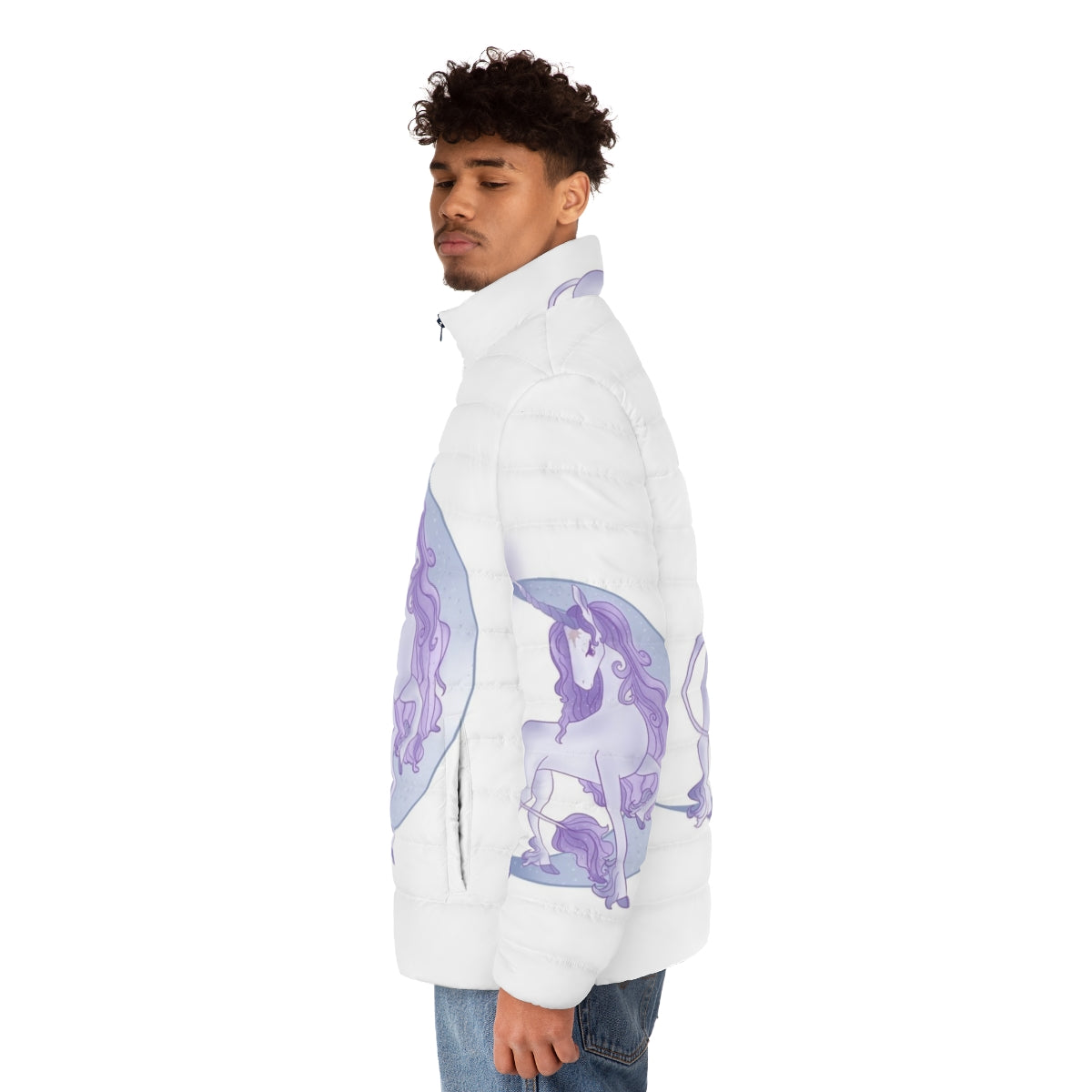 A white unicorn standing in the moonlight, wearing a magical moon puffer jacket - men side left