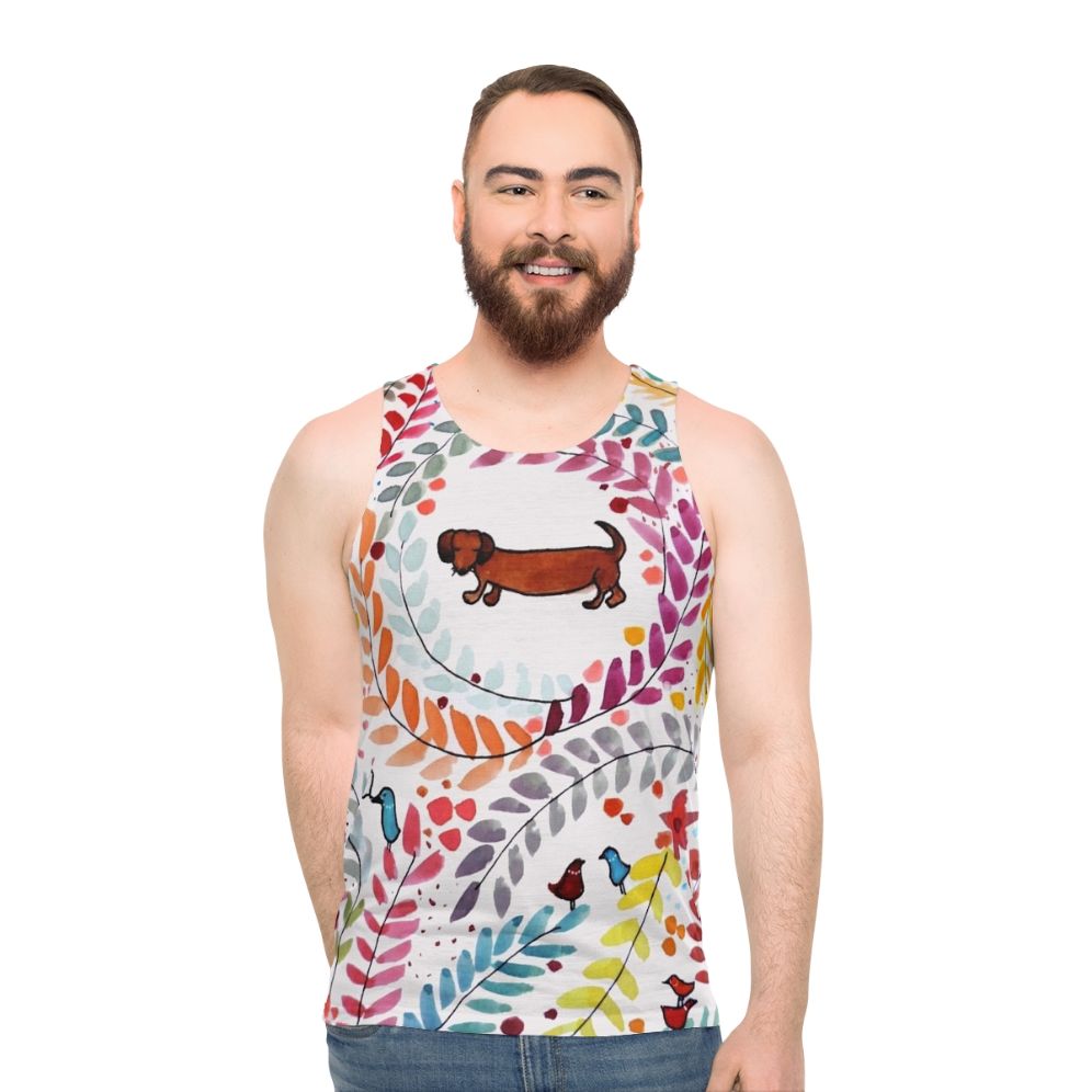 Dachshund-themed unisex tank top with colorful floral and bird pattern - men