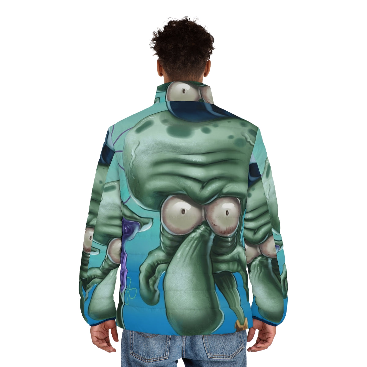 Spongebob-inspired puffer jacket with a "Look At Me" design - men back