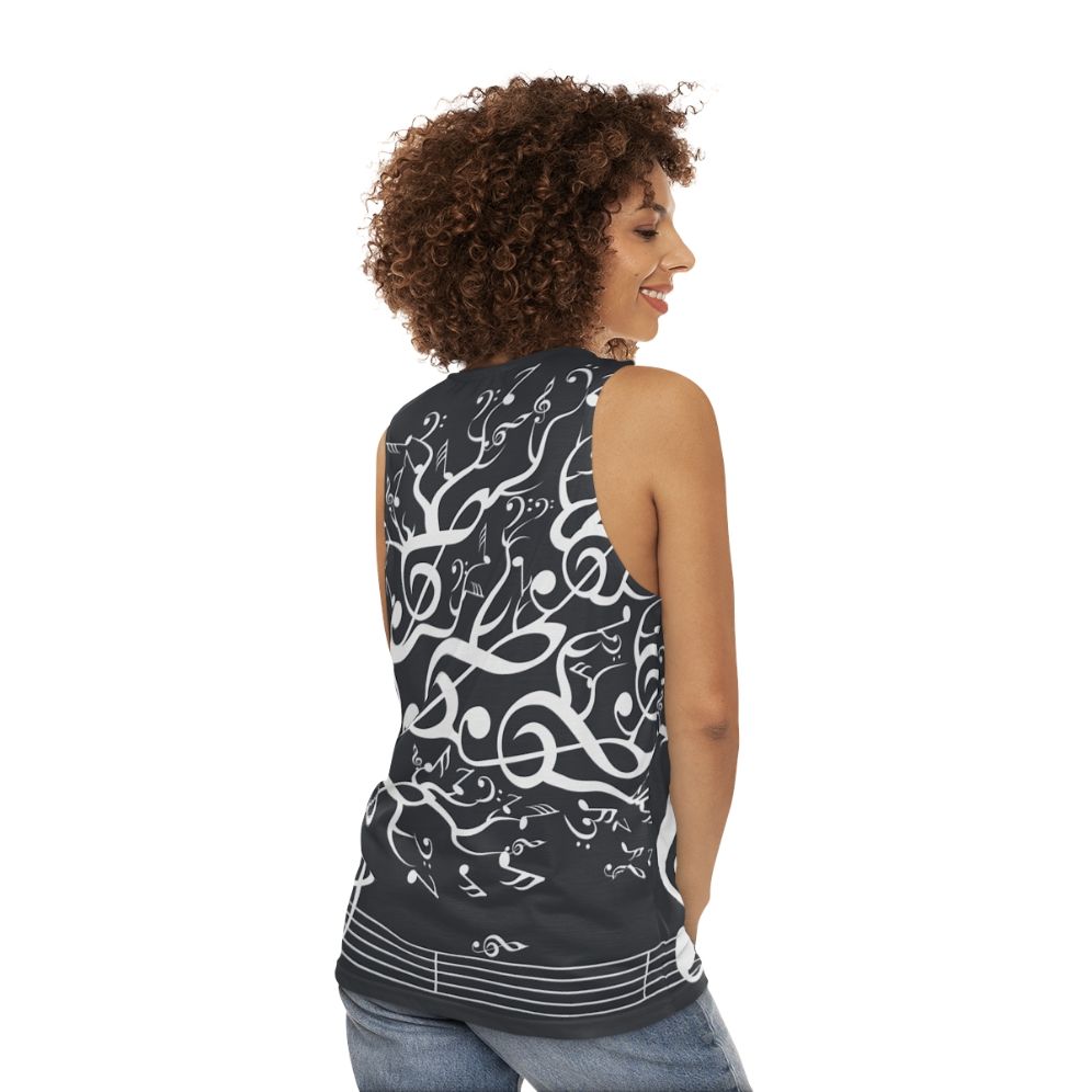 White unisex tank top with nature and music design - women back