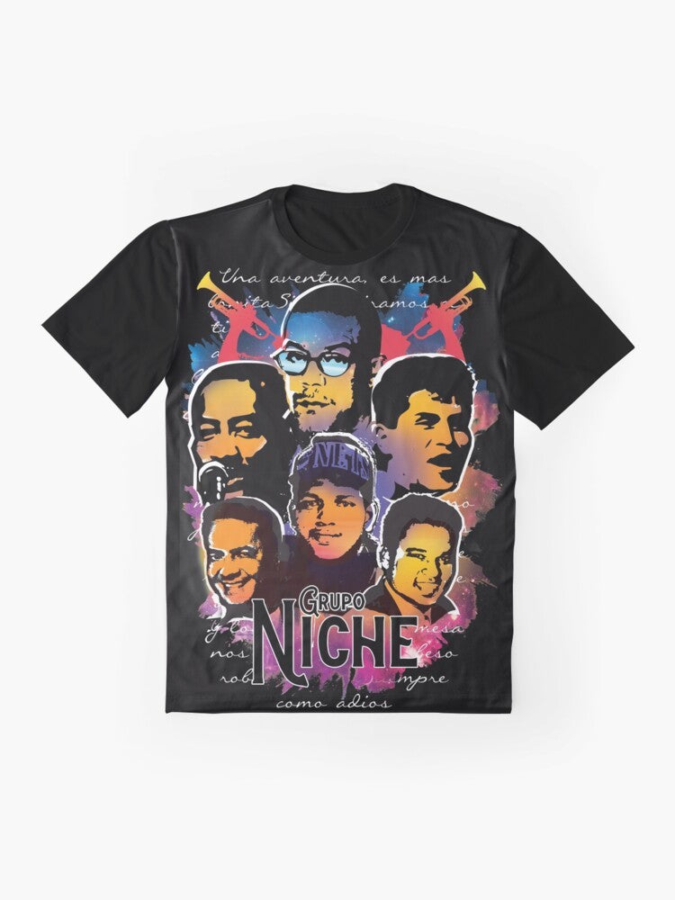 Grupo Niche Salsa Graphic T-Shirt with Dancers and Latin Music Motif - Flat lay