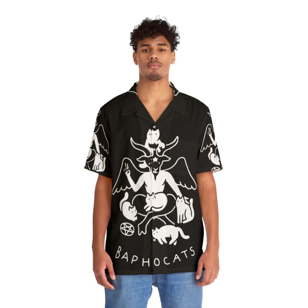 Baphocats Hawaiian Shirt featuring a cat with satanic/occult imagery - People Front