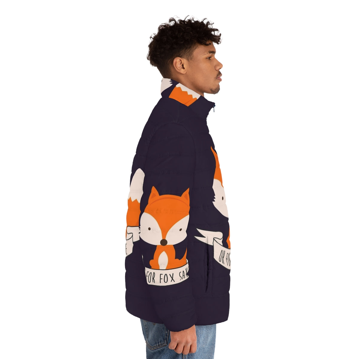 Colorful "Oh For Fox Sake" puffer jacket with cute fox design - men side right