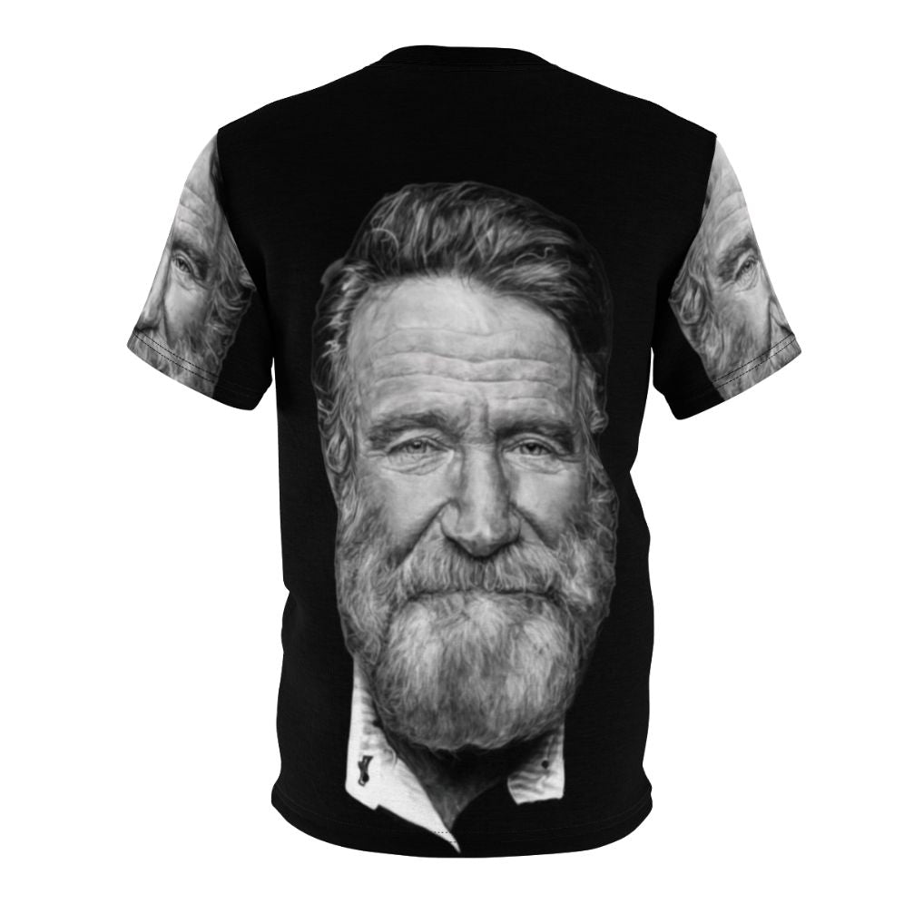 Artistic rendition of Robin Williams in a portrait design on a t-shirt - Back