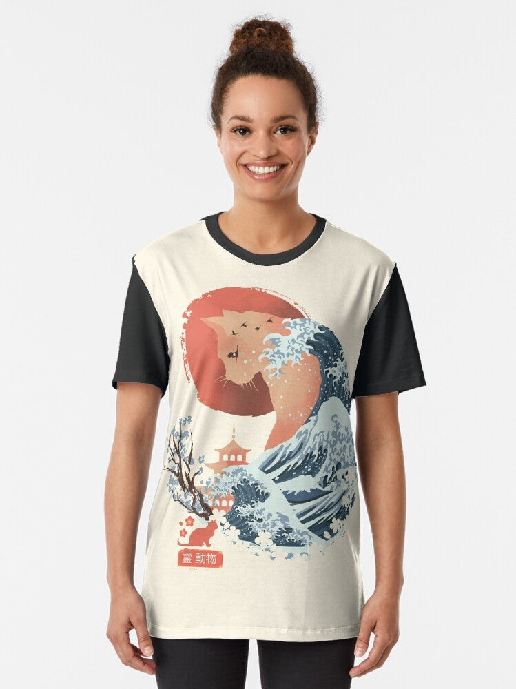 Anime-style cat graphic illustration on a t-shirt, featuring a Japanese ukiyo-e inspired cat design. - Women