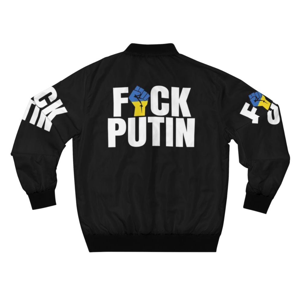 Ukrainian flag bomber jacket with fist symbol, anti-Putin design - Back