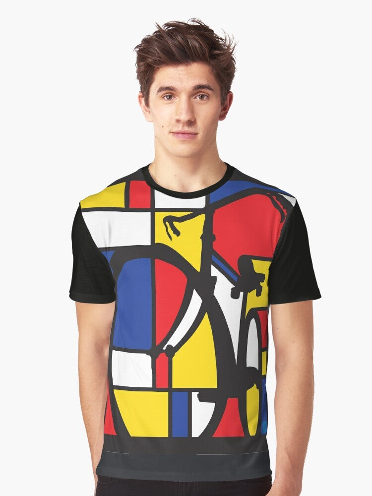 Mondrian inspired bicycle art graphic t-shirt featuring a vibrant, colorful design of a bicycle - Men